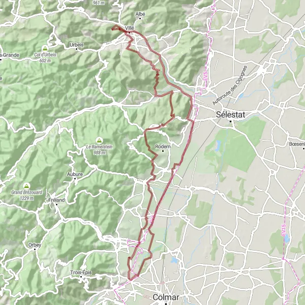 Map miniature of "Alsace Gravel Challenge" cycling inspiration in Alsace, France. Generated by Tarmacs.app cycling route planner