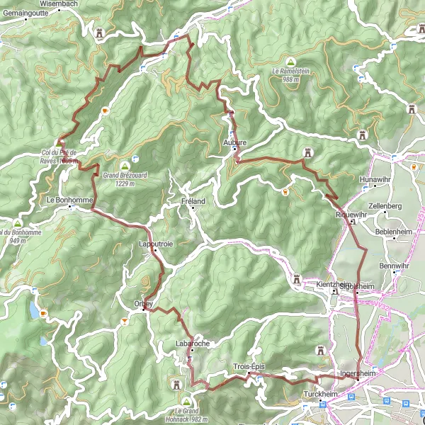 Miniature de la carte de l'inspiration cycliste "Circuit VTT gravel dans les environs d'Ingersheim" dans la Alsace, France. Générée par le planificateur d'itinéraire cycliste Tarmacs.app