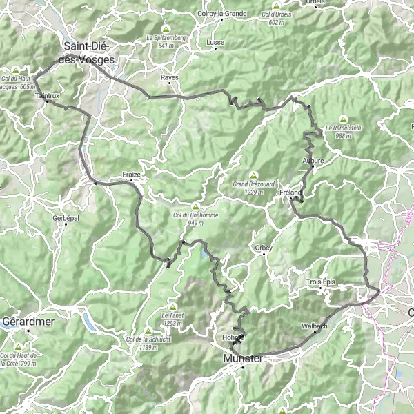 Miniature de la carte de l'inspiration cycliste "Parcours à vélo panoramique dans les Vosges" dans la Alsace, France. Générée par le planificateur d'itinéraire cycliste Tarmacs.app