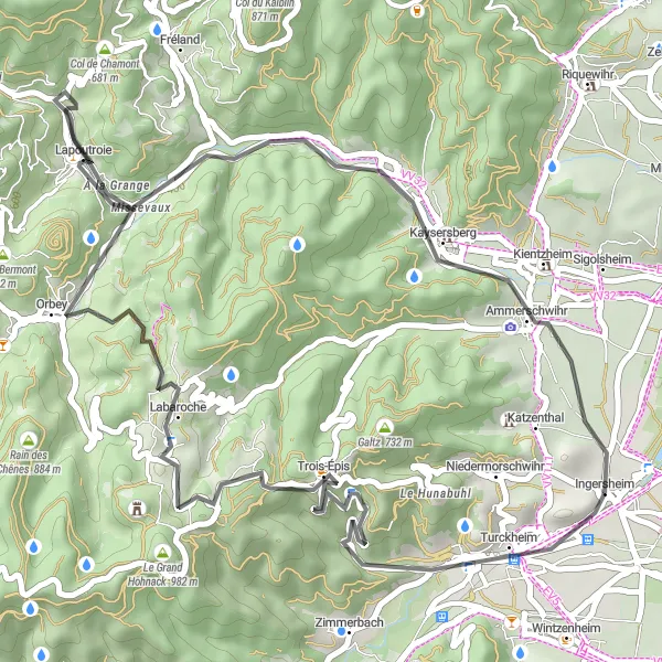 Map miniature of "Hillside Serenity" cycling inspiration in Alsace, France. Generated by Tarmacs.app cycling route planner