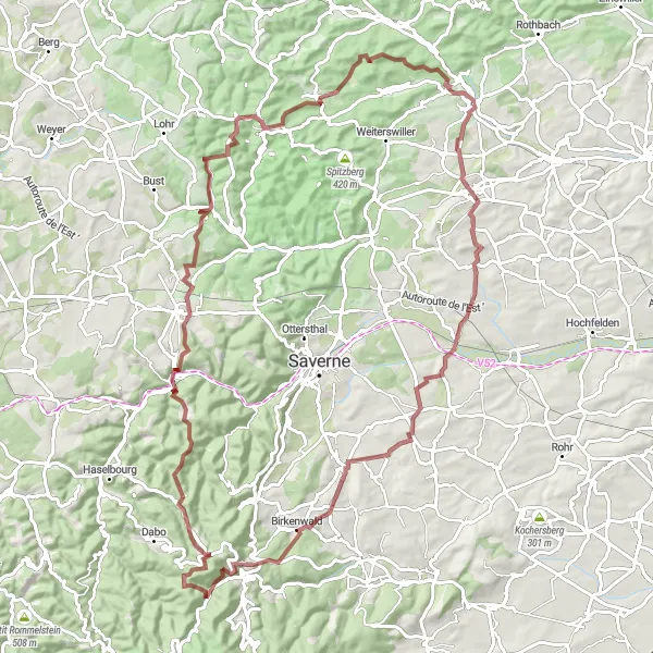 Map miniature of "Exploring Alsace by Gravel" cycling inspiration in Alsace, France. Generated by Tarmacs.app cycling route planner