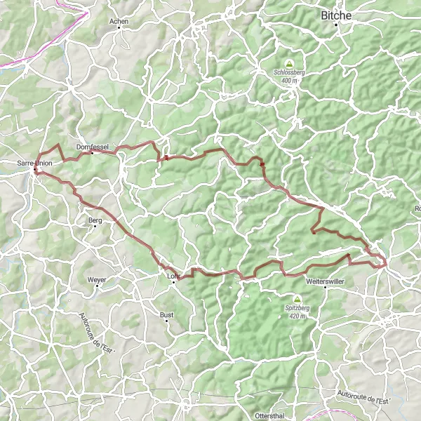 Map miniature of "Picturesque Gravel Escapade" cycling inspiration in Alsace, France. Generated by Tarmacs.app cycling route planner