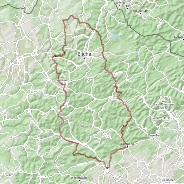 Map miniature of "Undulating Gravel Adventure" cycling inspiration in Alsace, France. Generated by Tarmacs.app cycling route planner