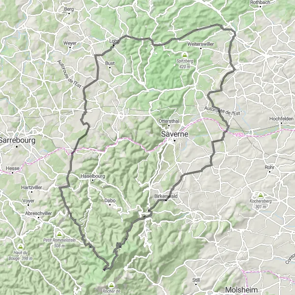 Miniature de la carte de l'inspiration cycliste "Boucle des Collines d'Alsace" dans la Alsace, France. Générée par le planificateur d'itinéraire cycliste Tarmacs.app