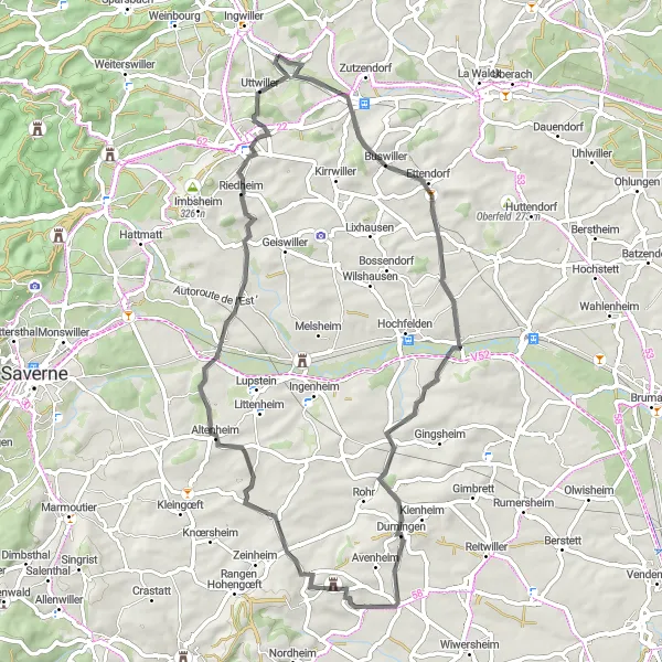 Miniature de la carte de l'inspiration cycliste "Les collines du Kochersberg" dans la Alsace, France. Générée par le planificateur d'itinéraire cycliste Tarmacs.app