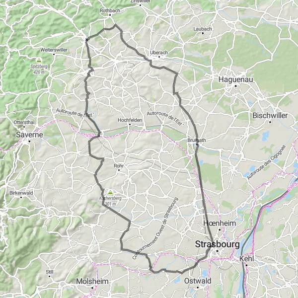 Miniature de la carte de l'inspiration cycliste "Route des Châteaux et Villages" dans la Alsace, France. Générée par le planificateur d'itinéraire cycliste Tarmacs.app
