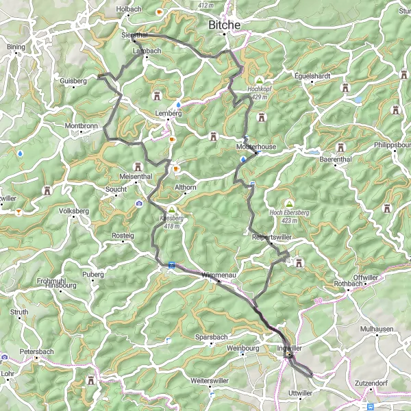 Map miniature of "The Menchhoffen Loop" cycling inspiration in Alsace, France. Generated by Tarmacs.app cycling route planner