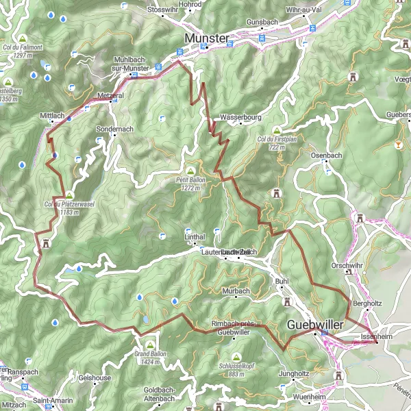 Map miniature of "The Grand Ballon Adventure" cycling inspiration in Alsace, France. Generated by Tarmacs.app cycling route planner