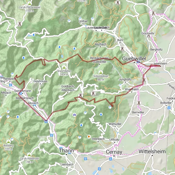Map miniature of "The Vosges Gravel Challenge" cycling inspiration in Alsace, France. Generated by Tarmacs.app cycling route planner