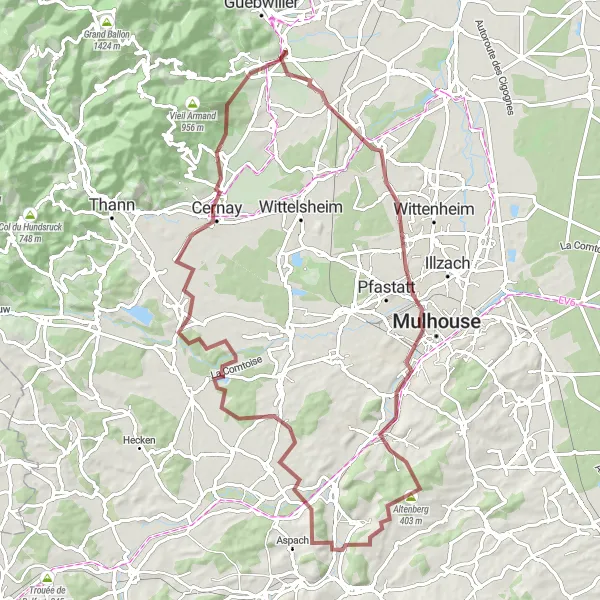 Map miniature of "Issenheim Gravel Adventure" cycling inspiration in Alsace, France. Generated by Tarmacs.app cycling route planner