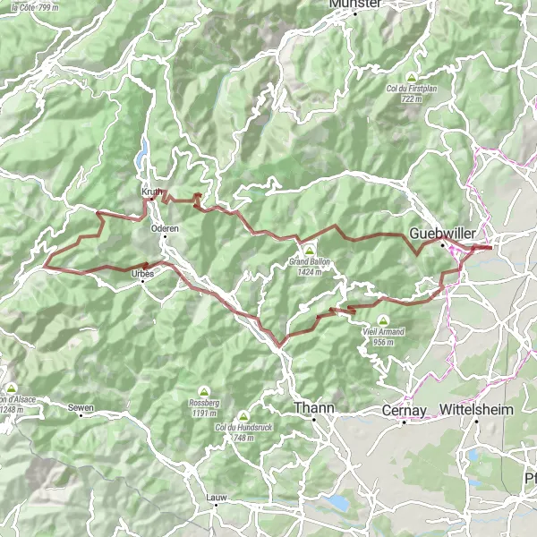 Map miniature of "Issenheim to Abri de la Croix de Mission Loop" cycling inspiration in Alsace, France. Generated by Tarmacs.app cycling route planner