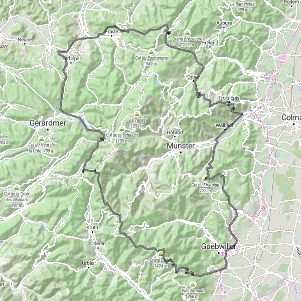 Miniature de la carte de l'inspiration cycliste "Les Monts des Vosges en Road Bike" dans la Alsace, France. Générée par le planificateur d'itinéraire cycliste Tarmacs.app