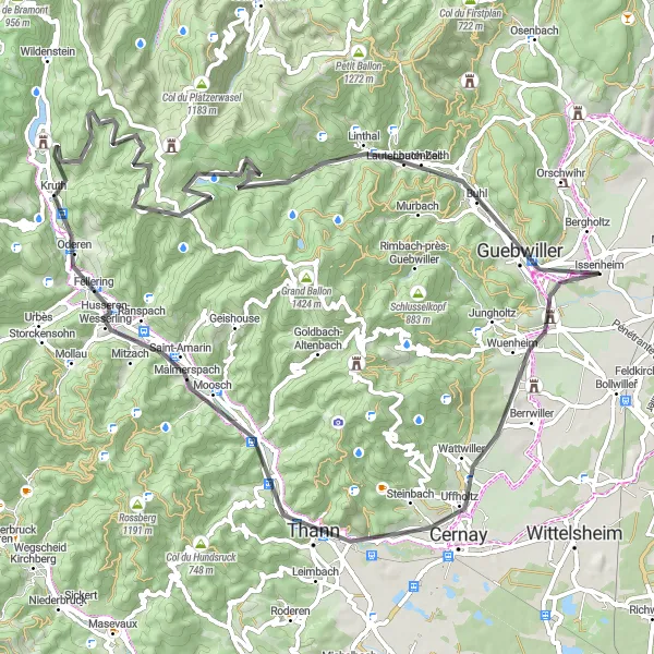 Miniature de la carte de l'inspiration cycliste "Les Balcons de l'Alsace en Road Bike" dans la Alsace, France. Générée par le planificateur d'itinéraire cycliste Tarmacs.app