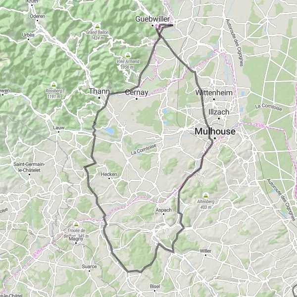 Miniature de la carte de l'inspiration cycliste "La Route des Châteaux d'Alsace" dans la Alsace, France. Générée par le planificateur d'itinéraire cycliste Tarmacs.app