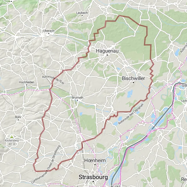 Map miniature of "Ittenheim to Schirrhein Gravel Expedition" cycling inspiration in Alsace, France. Generated by Tarmacs.app cycling route planner