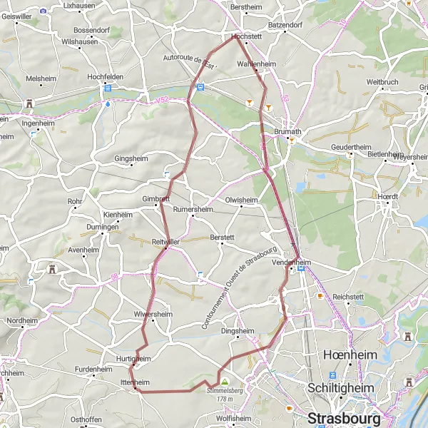 Map miniature of "Ittenheim to Stimmelsberg Gravel Adventure" cycling inspiration in Alsace, France. Generated by Tarmacs.app cycling route planner