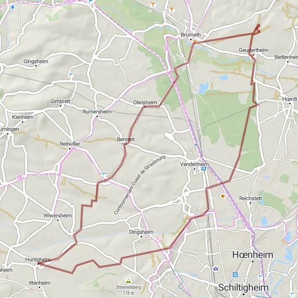 Miniature de la carte de l'inspiration cycliste "Parcours Gravel autour d'Ittenheim" dans la Alsace, France. Générée par le planificateur d'itinéraire cycliste Tarmacs.app