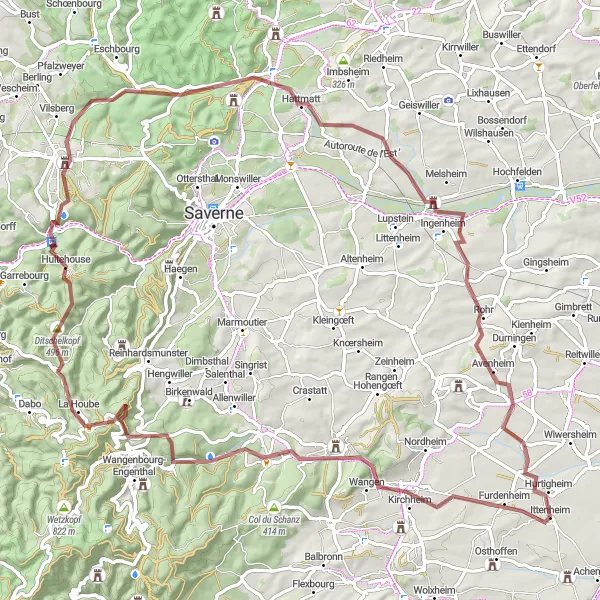 Miniature de la carte de l'inspiration cycliste "Tour épique dans les Vosges depuis Ittenheim" dans la Alsace, France. Générée par le planificateur d'itinéraire cycliste Tarmacs.app