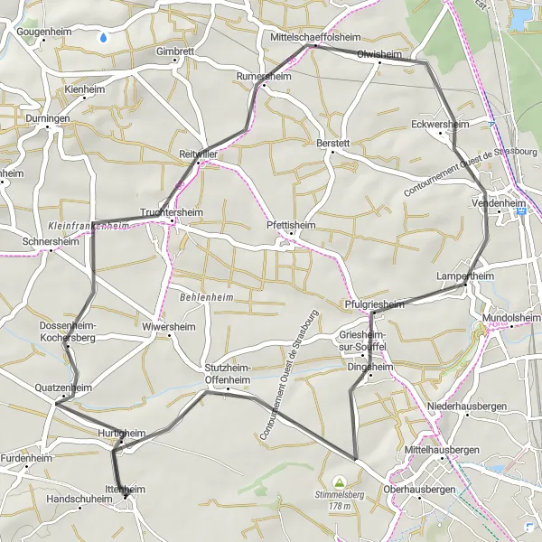 Map miniature of "Dossenheim-Kochersberg Loop" cycling inspiration in Alsace, France. Generated by Tarmacs.app cycling route planner