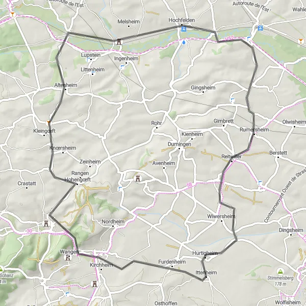 Miniature de la carte de l'inspiration cycliste "Boucle cyclable à partir d'Ittenheim" dans la Alsace, France. Générée par le planificateur d'itinéraire cycliste Tarmacs.app