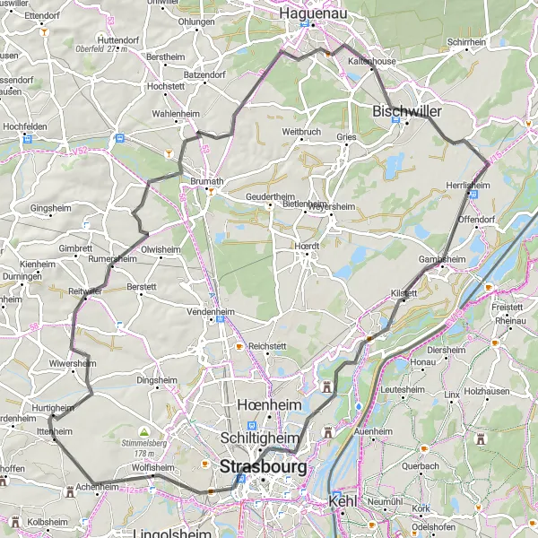 Miniature de la carte de l'inspiration cycliste "Sentier cyclable sur route autour d'Ittenheim" dans la Alsace, France. Générée par le planificateur d'itinéraire cycliste Tarmacs.app