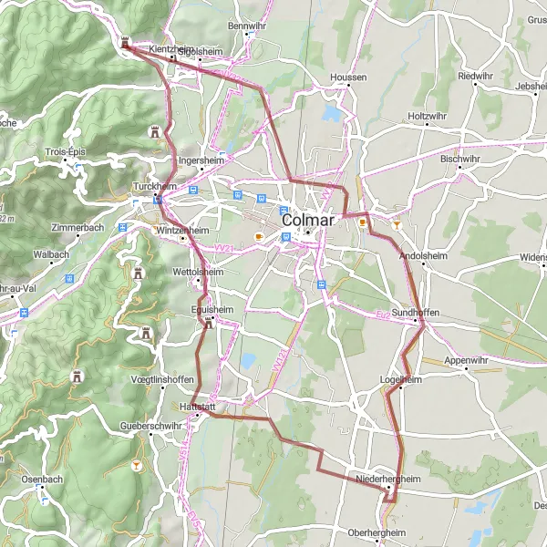Map miniature of "Horbourg-Wihr and Col du Brand Gravel Circuit" cycling inspiration in Alsace, France. Generated by Tarmacs.app cycling route planner