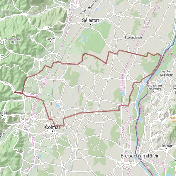 Map miniature of "Riquewihr and Colmar Gravel Adventure" cycling inspiration in Alsace, France. Generated by Tarmacs.app cycling route planner