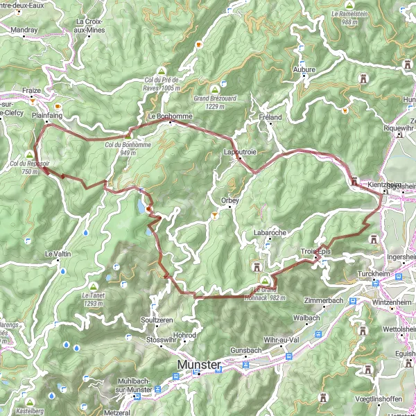 Miniature de la carte de l'inspiration cycliste "Le Circuit des Vosges Gravel" dans la Alsace, France. Générée par le planificateur d'itinéraire cycliste Tarmacs.app