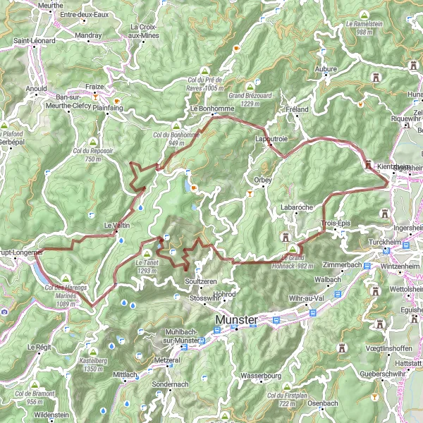 Map miniature of "Col de la Schlucht and Le Valtin Gravel Adventure" cycling inspiration in Alsace, France. Generated by Tarmacs.app cycling route planner