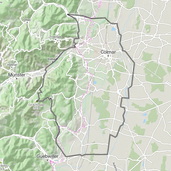 Miniature de la carte de l'inspiration cycliste "Boucle du Vignoble Alsacien" dans la Alsace, France. Générée par le planificateur d'itinéraire cycliste Tarmacs.app