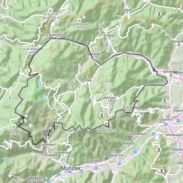 Map miniature of "Château du Hohnack and Col du Bonhomme Loop" cycling inspiration in Alsace, France. Generated by Tarmacs.app cycling route planner