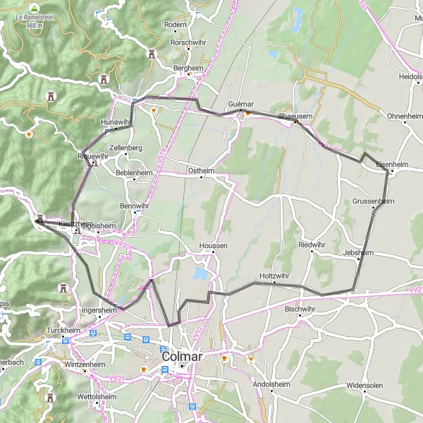 Miniature de la carte de l'inspiration cycliste "Le Charme du Vignoble Alsacien" dans la Alsace, France. Générée par le planificateur d'itinéraire cycliste Tarmacs.app