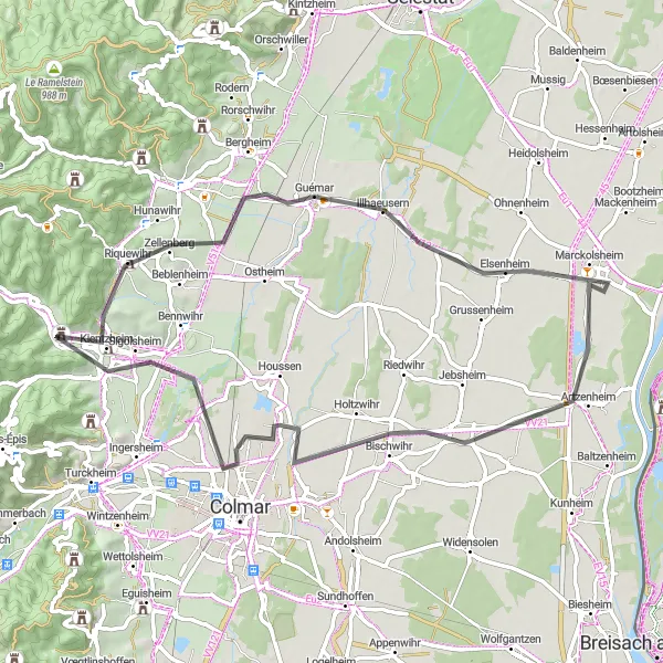 Map miniature of "Alsace Vineyards Road Cycling Route" cycling inspiration in Alsace, France. Generated by Tarmacs.app cycling route planner