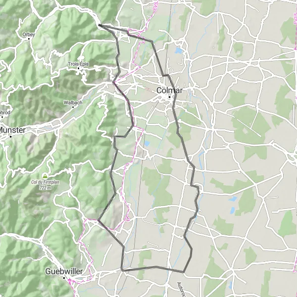 Miniature de la carte de l'inspiration cycliste "Le Tour des Collines" dans la Alsace, France. Générée par le planificateur d'itinéraire cycliste Tarmacs.app