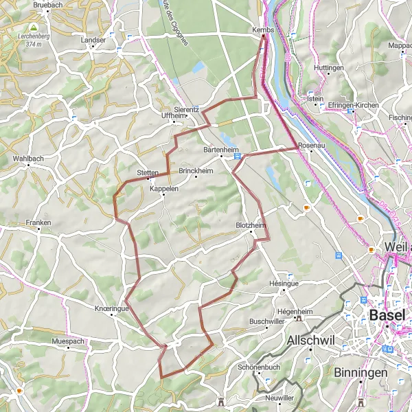 Miniature de la carte de l'inspiration cycliste "Parcours nature et découverte entre Kembs et Schaeferhof" dans la Alsace, France. Générée par le planificateur d'itinéraire cycliste Tarmacs.app