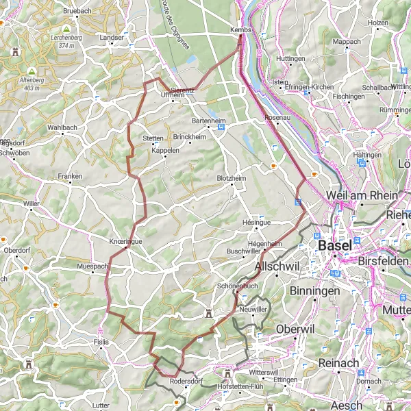 Miniature de la carte de l'inspiration cycliste "Exploration naturelle entre Kembs et Helfrantzkirch" dans la Alsace, France. Générée par le planificateur d'itinéraire cycliste Tarmacs.app