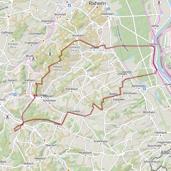 Miniature de la carte de l'inspiration cycliste "Le Sentier de Sierentz" dans la Alsace, France. Générée par le planificateur d'itinéraire cycliste Tarmacs.app