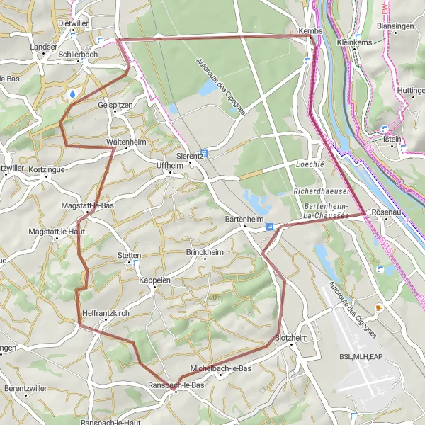 Miniature de la carte de l'inspiration cycliste "Les Chemins de Blotzheim" dans la Alsace, France. Générée par le planificateur d'itinéraire cycliste Tarmacs.app