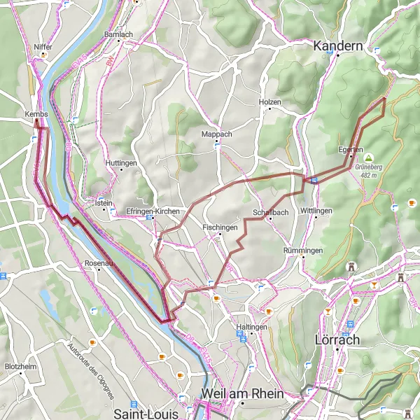 Map miniature of "The Gravel Adventure of Kembs" cycling inspiration in Alsace, France. Generated by Tarmacs.app cycling route planner