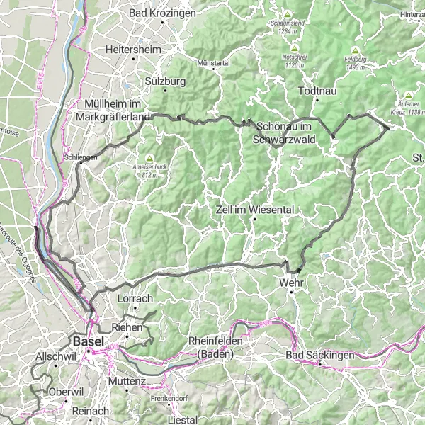 Miniature de la carte de l'inspiration cycliste "L'Épopée de Schönau im Schwarzwald" dans la Alsace, France. Générée par le planificateur d'itinéraire cycliste Tarmacs.app