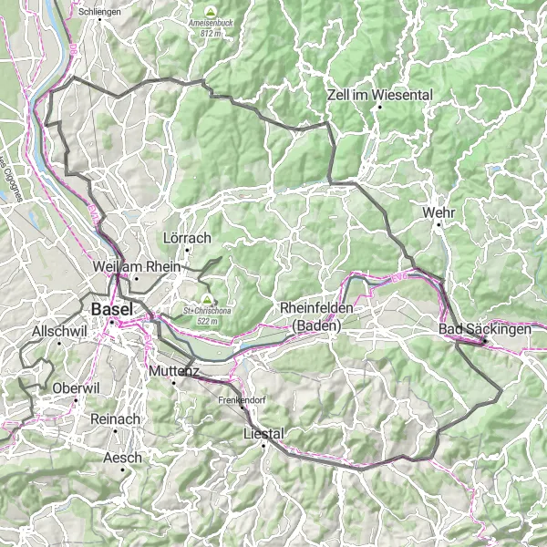 Miniature de la carte de l'inspiration cycliste "Aventures et découvertes entre Kembs et Isteiner Schwellen" dans la Alsace, France. Générée par le planificateur d'itinéraire cycliste Tarmacs.app