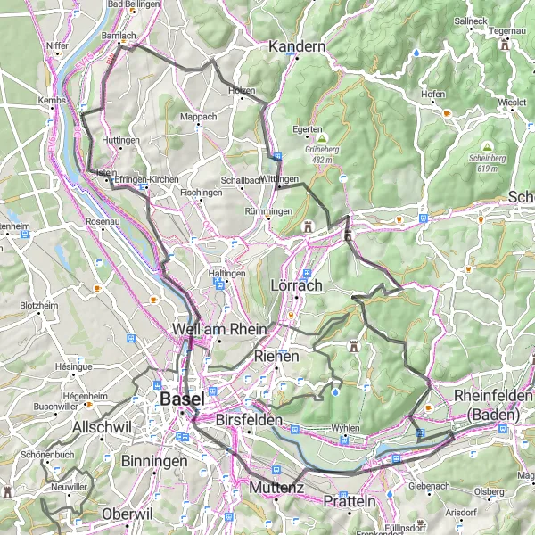Miniature de la carte de l'inspiration cycliste "Le Tour de Wittlingen" dans la Alsace, France. Générée par le planificateur d'itinéraire cycliste Tarmacs.app