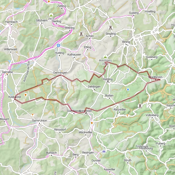 Map miniature of "Gravel Adventure: Exploring Untouched Routes in Alsace" cycling inspiration in Alsace, France. Generated by Tarmacs.app cycling route planner