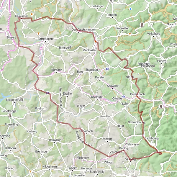 Map miniature of "Gravel Adventure through Alsace Countryside" cycling inspiration in Alsace, France. Generated by Tarmacs.app cycling route planner