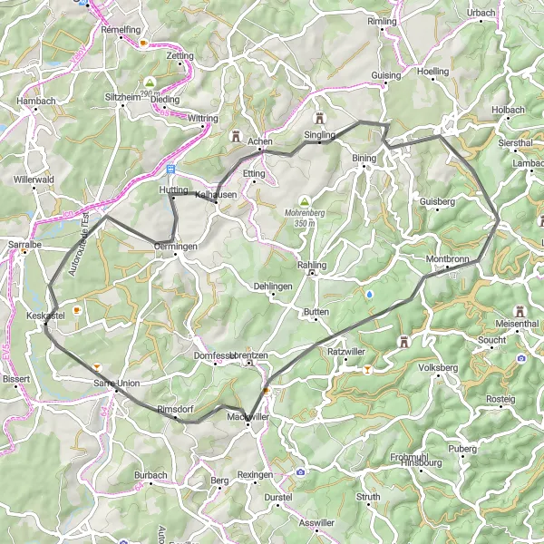 Map miniature of "Scenic Road Cycling in Alsace" cycling inspiration in Alsace, France. Generated by Tarmacs.app cycling route planner