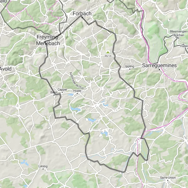 Map miniature of "Hinsingen to Hambach: A Scenic Road Cycling Route" cycling inspiration in Alsace, France. Generated by Tarmacs.app cycling route planner