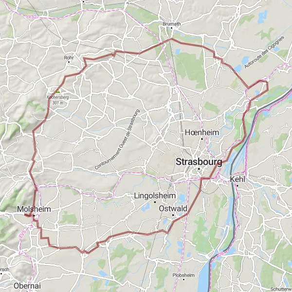 Miniature de la carte de l'inspiration cycliste "Excursion dans le Kochersberg" dans la Alsace, France. Générée par le planificateur d'itinéraire cycliste Tarmacs.app