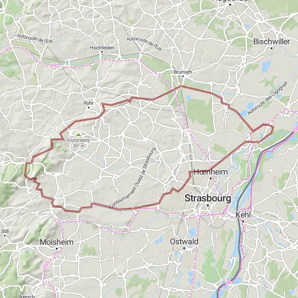 Miniature de la carte de l'inspiration cycliste "Boucle de La Wantzenau à Hœrdt" dans la Alsace, France. Générée par le planificateur d'itinéraire cycliste Tarmacs.app