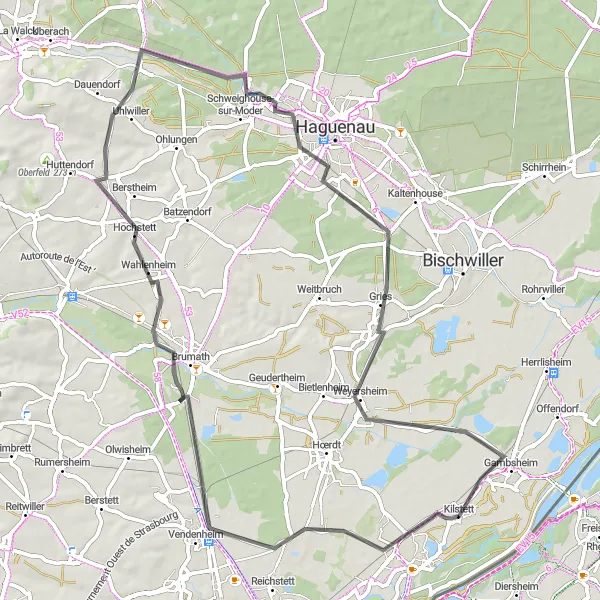 Miniature de la carte de l'inspiration cycliste "Promenade de La Wantzenau à Kilstett" dans la Alsace, France. Générée par le planificateur d'itinéraire cycliste Tarmacs.app