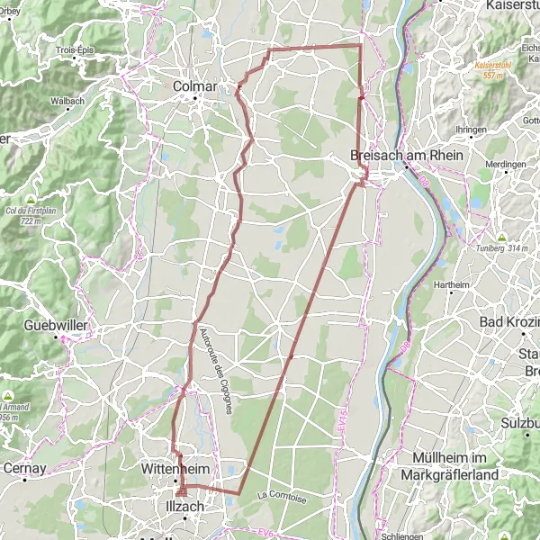 Miniature de la carte de l'inspiration cycliste "Circuit autour d'Ensisheim" dans la Alsace, France. Générée par le planificateur d'itinéraire cycliste Tarmacs.app